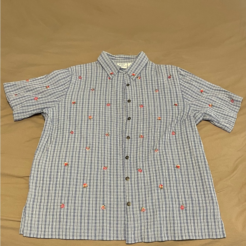 Women’s Blue Plaid Shirt with Floral Embroidery